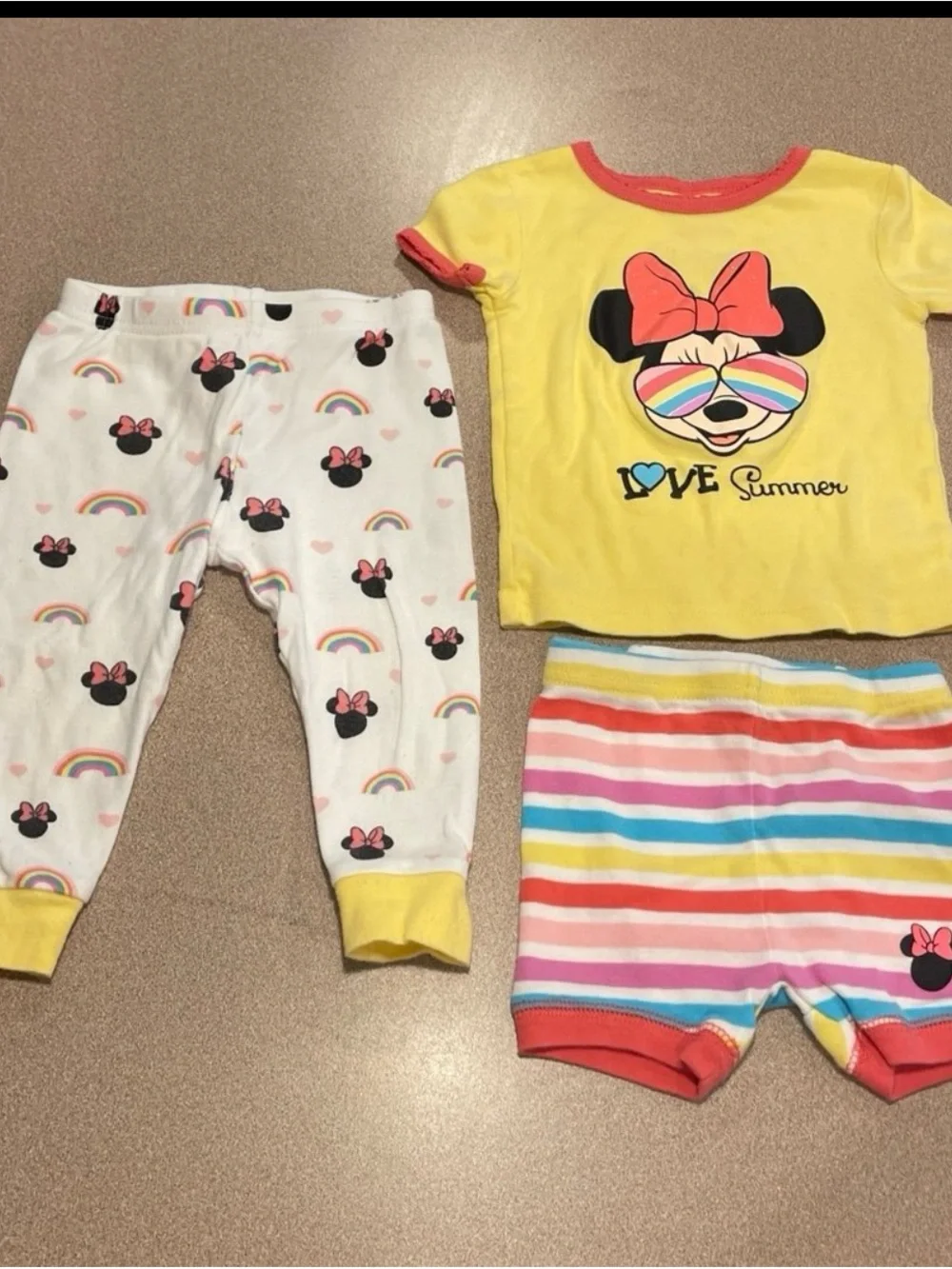 Yellow Minnie Mouse 'Love Summer' Kids 3-Piece Pajama Set 12 months